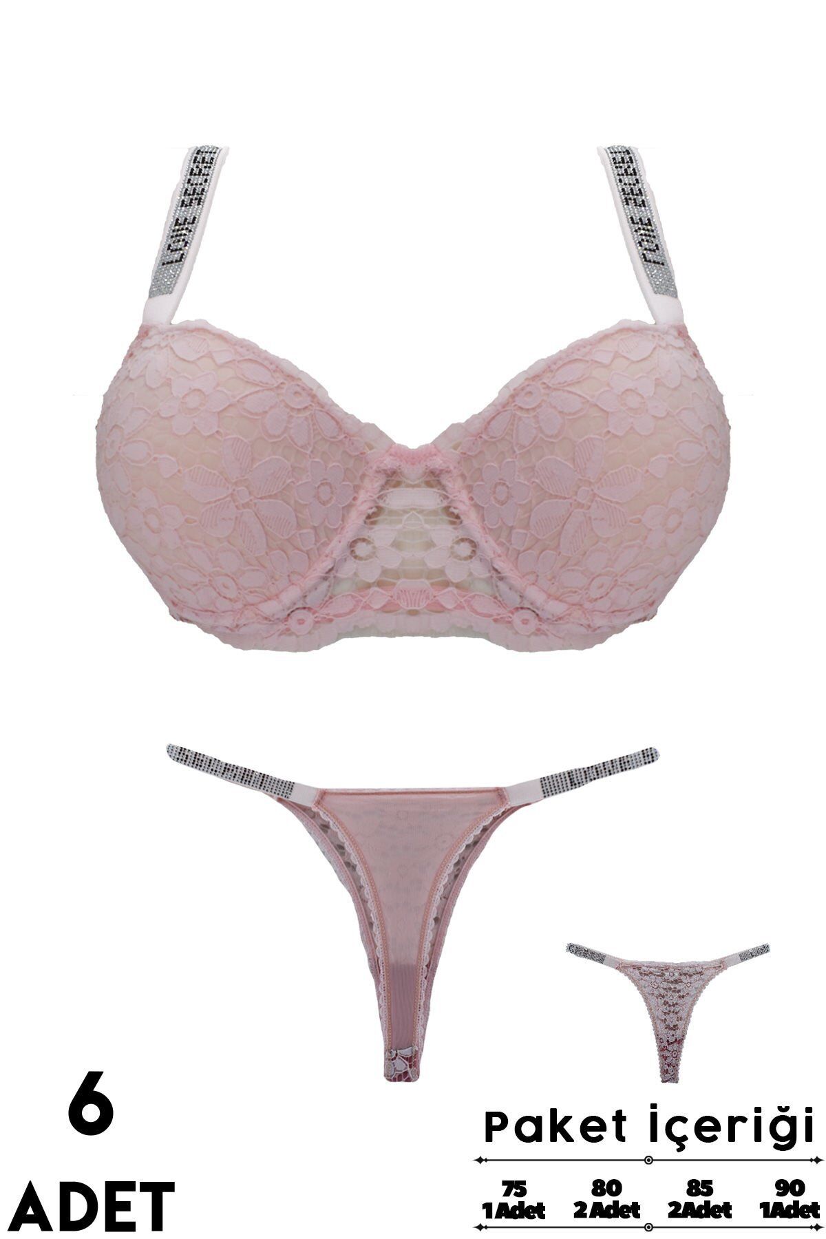 Love Secret 3-4 B Cup Balenli Destekli Taşlı Dantelli Bayan Sütyen Takım 6'lı