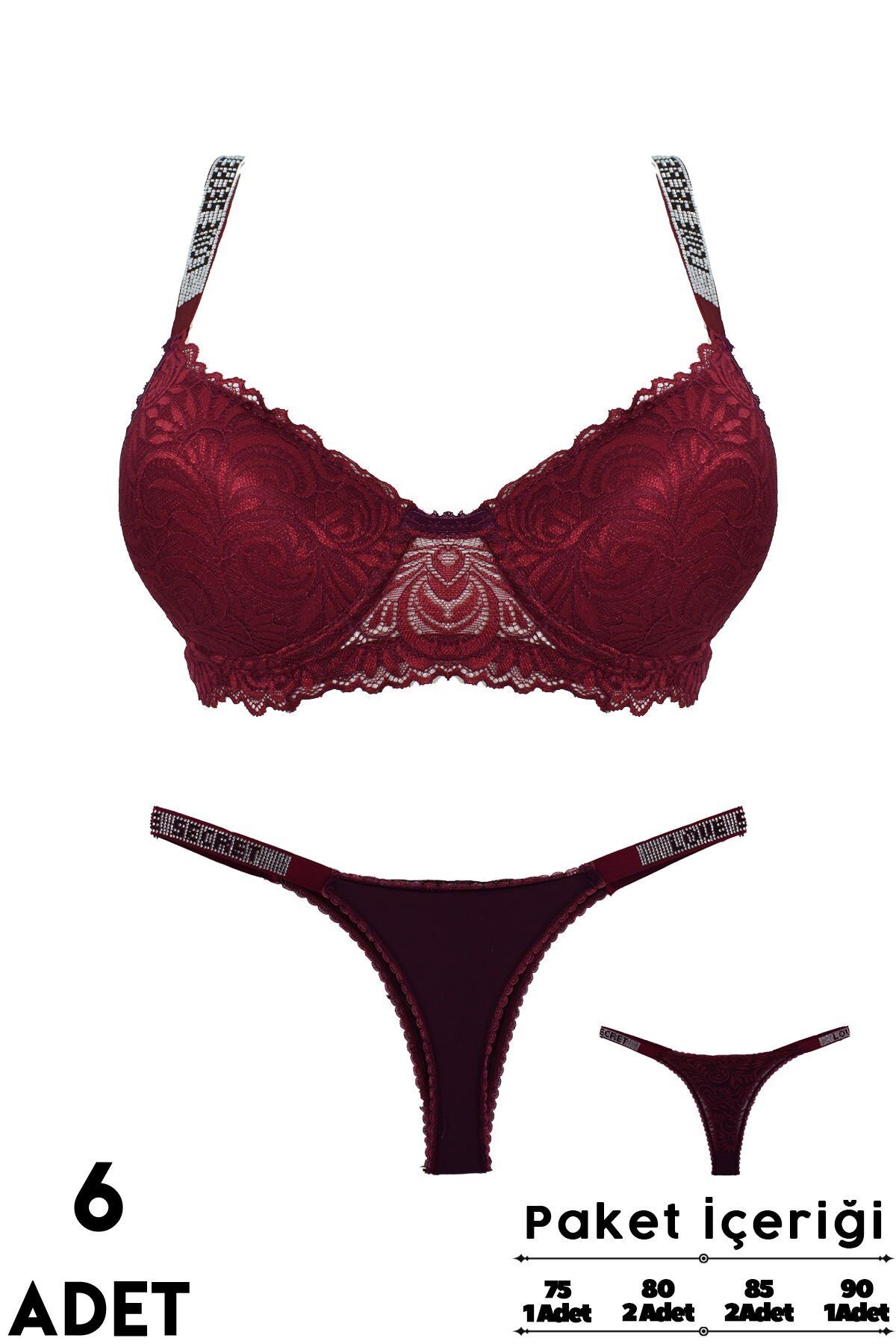 Love Secret 3-5 B Cup Balenli Destekli Taşlı Dantelli Bayan Sütyen Takım 6'lı