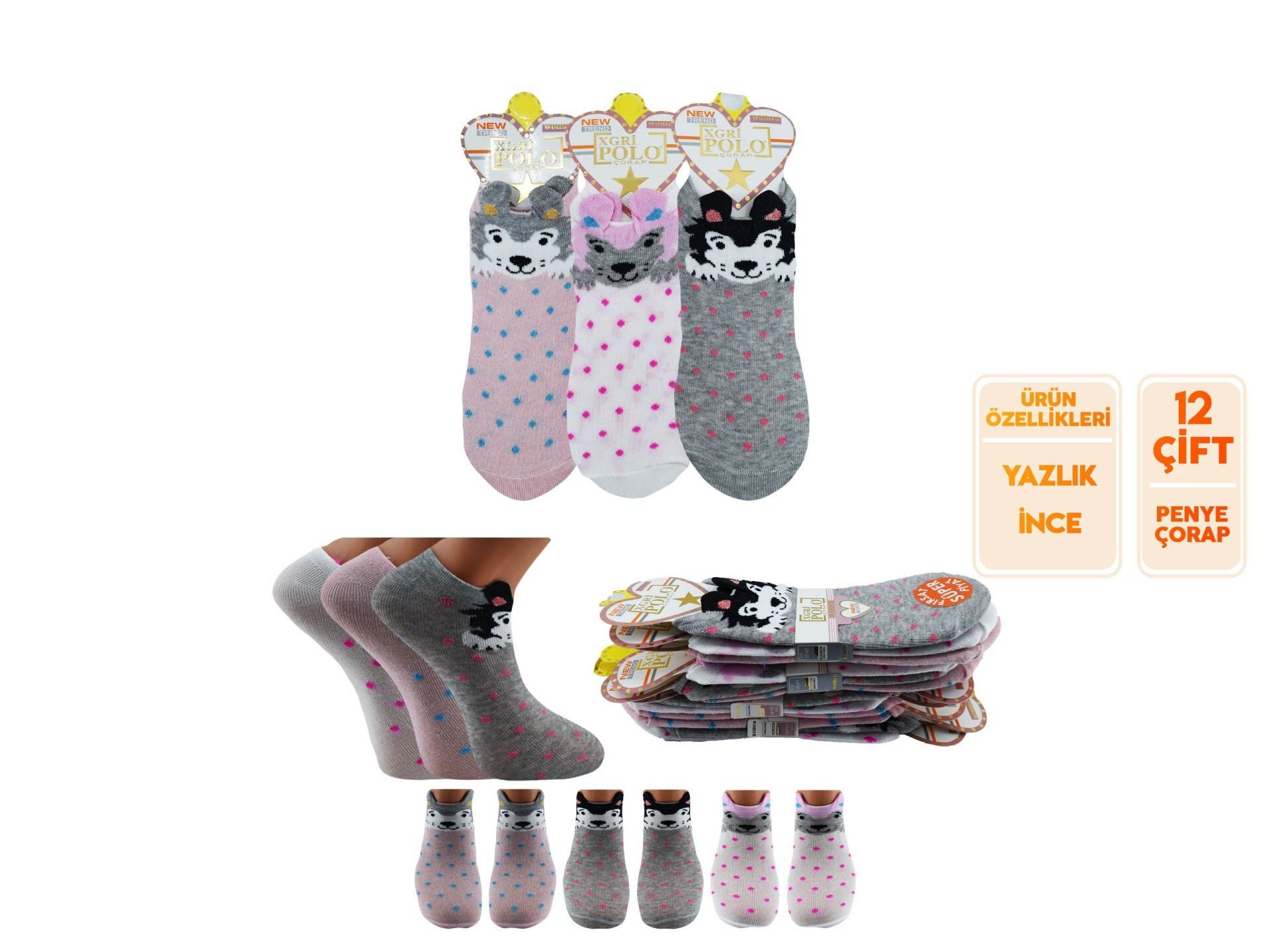 XGRİ POLO (B-6-5) 3'lü Bayan Penye Üç Boyutlu Sneaker 12'li