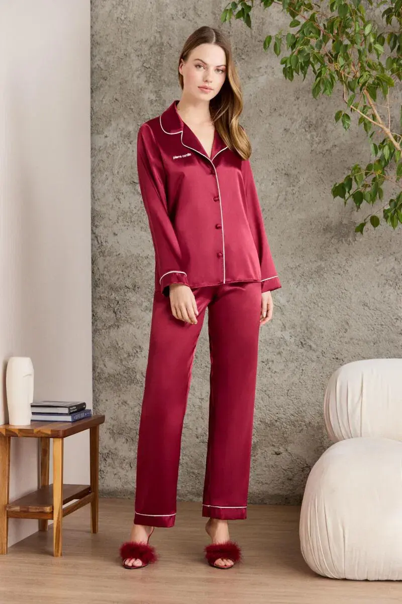 Pierre Cardin Saten Biyeli Kadın Pijama Takımı - 1200 Bordo