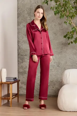 Pierre Cardin Saten Biyeli Kadın Pijama Takımı - 1200 Bordo