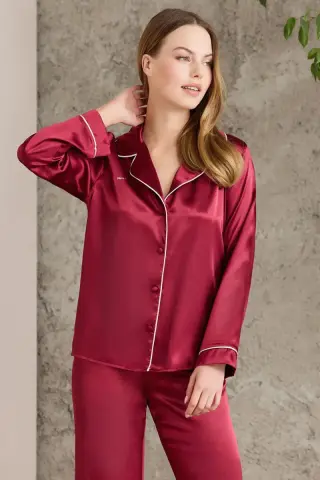 Pierre Cardin Saten Biyeli Kadın Pijama Takımı - 1200 Bordo