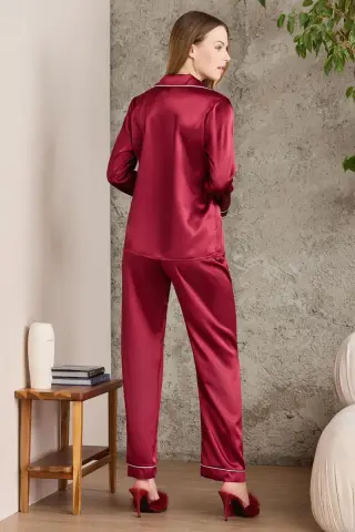 Pierre Cardin Saten Biyeli Kadın Pijama Takımı - 1200 Bordo