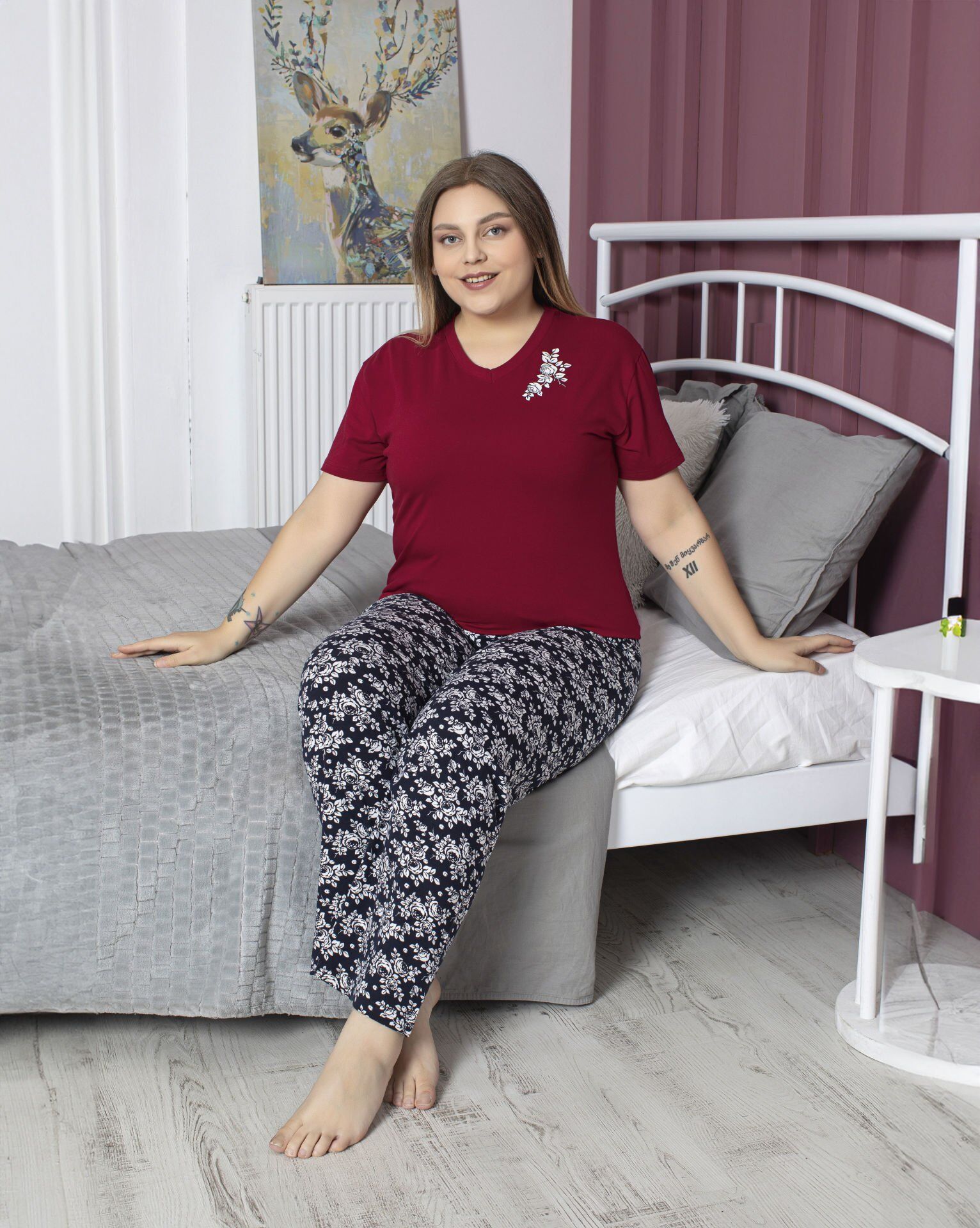 Tekten 5000 Bayan Battal Beden Kısa Kollu Pijama Takım 4'lü