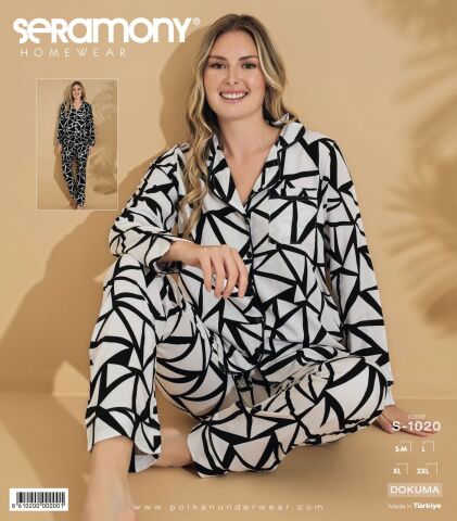 Seramony 1020 Dokuma Düğmeli Uzun Kollu Bayan Pijama Takım 4'lü