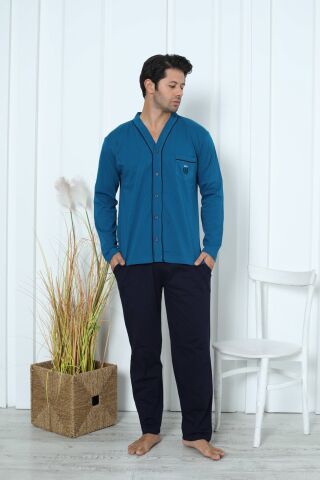 Kapitex 5818 Erkek Uzun Kol Boydan Düğmeli Pijama Takım 4'lü
