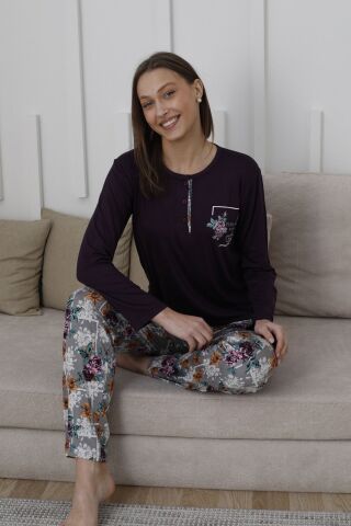Kapitex 59108 Bambu Ring Viskon Bayan Uzun Kol Pijama Takım 4'lü
