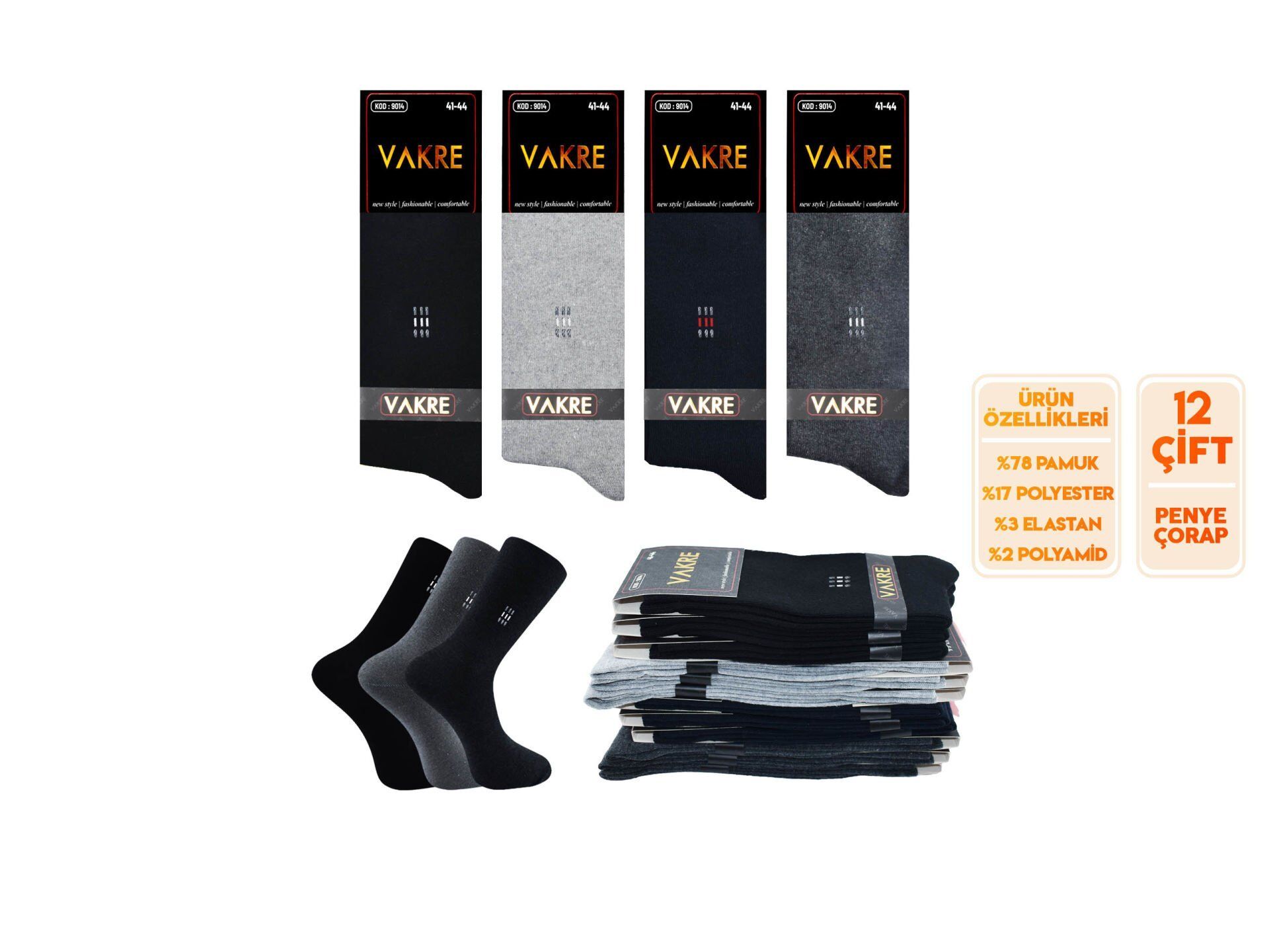 Vakre 9014-20 Erkek Penye Likralı Çorap 12'li