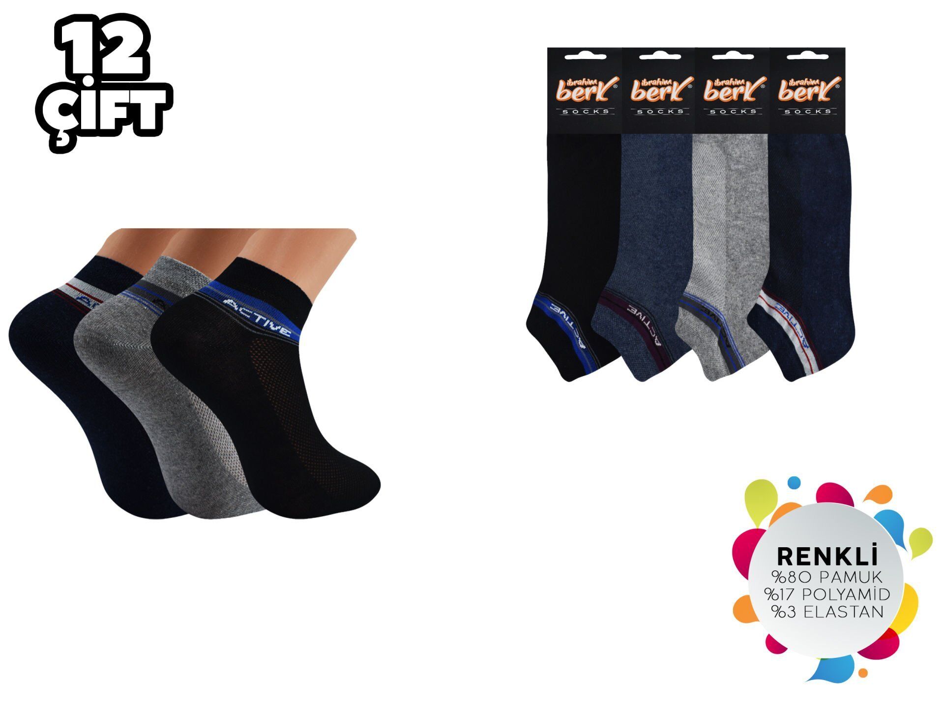 İbrahim Berk 11-40 Erkek Likralı Patik Çorap 12'li