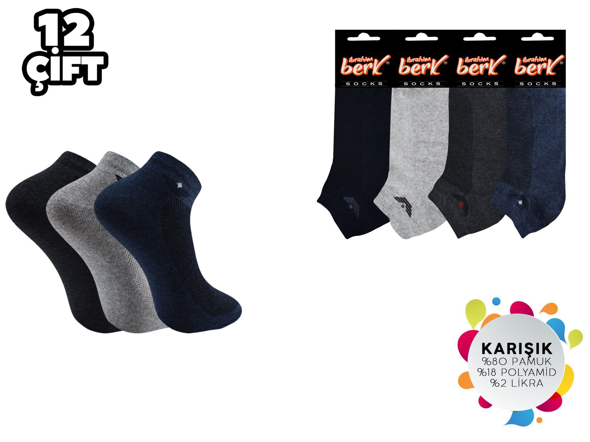 İbrahim Berk 11-41 Erkek Likralı Patik Çorap 12'li