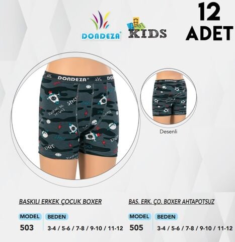 Dondeza 505 Erkek Çocuk Desenli Boxer 12'li