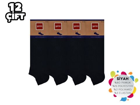 Şirin 7090-01 Düz Siyah Ter Emici Dikişsiz Erkek Penye Patik 12'li