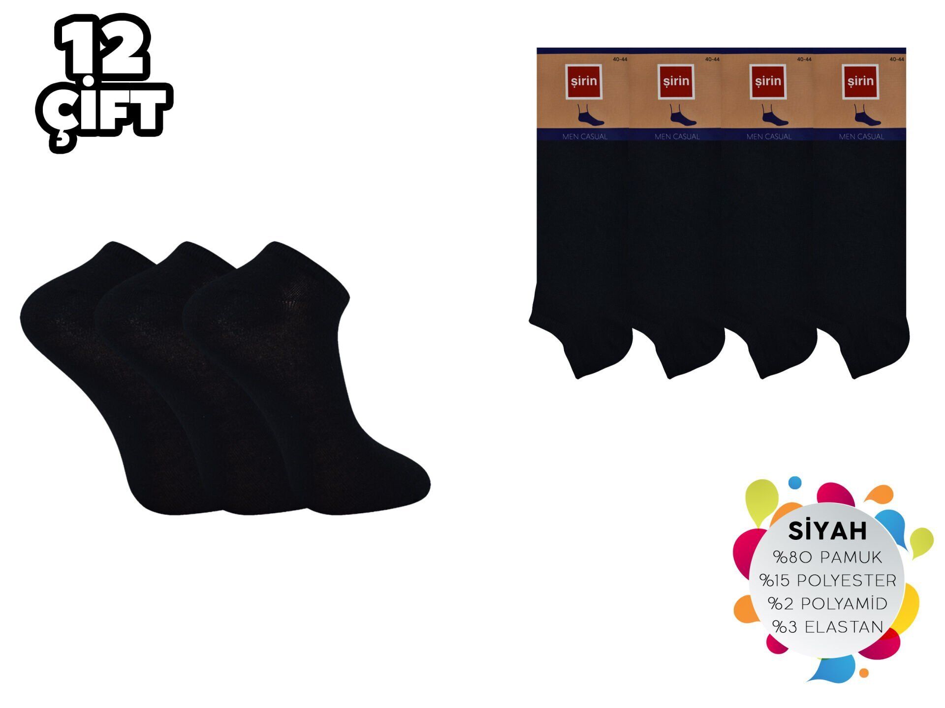 Şirin 7090-01 Düz Siyah Ter Emici Dikişsiz Erkek Penye Patik 12'li