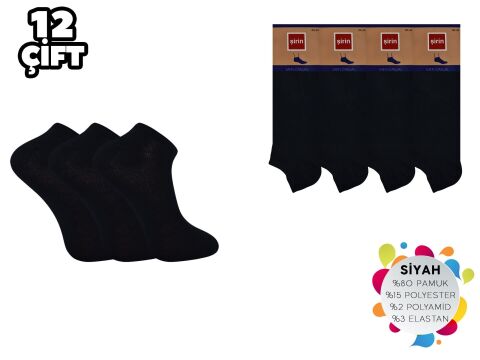 Şirin 7090-01 Düz Siyah Ter Emici Dikişsiz Erkek Penye Patik 12'li