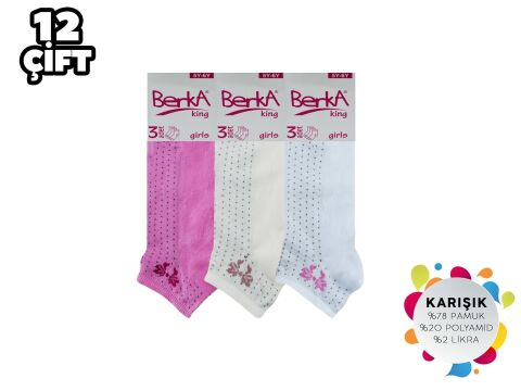Berka 3-lü Desenli Pamuklu Kız Çocuk Patik 12'li