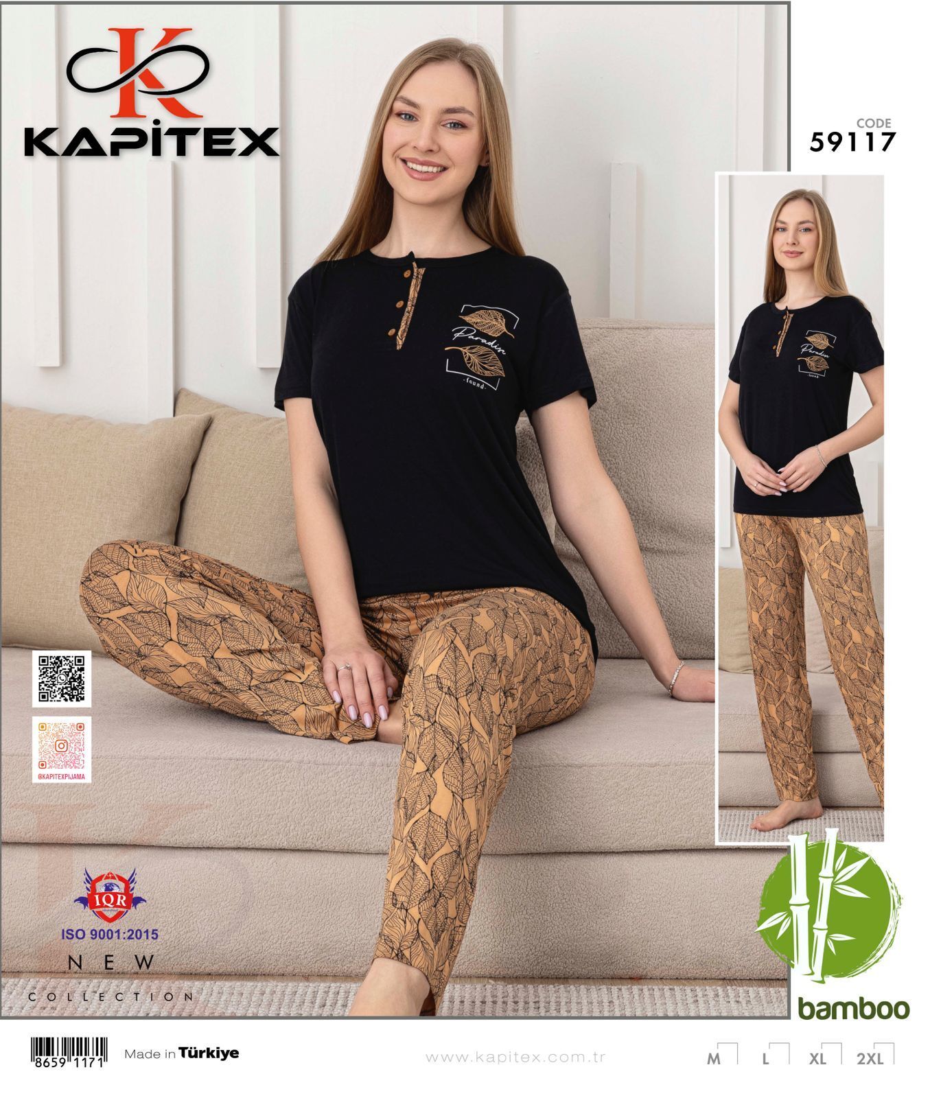 Kapitex 59117 Bambu Ring Viskon Bayan Uzun Kol Pijama Takım 4'lü