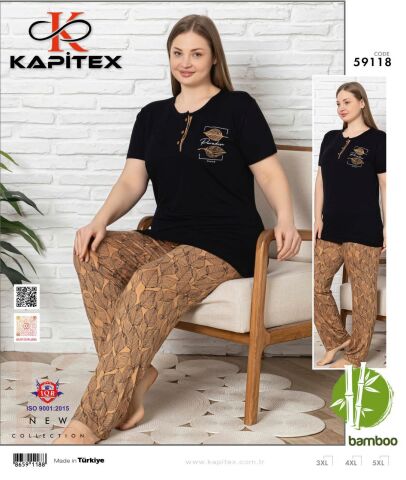 Kapitex 59118 Bambu Ring Viskon Battal Beden Bayan Uzun Kol Pijama Takım 3'lü