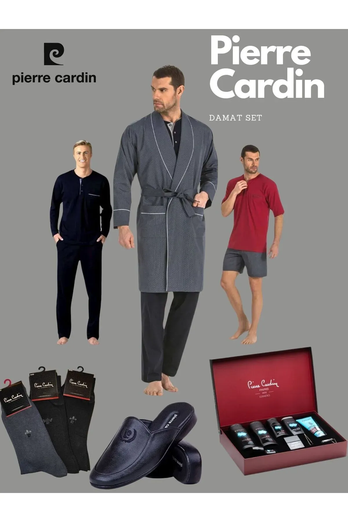 Pierre Cardin Damat Seti Röpteşembırlı 5 li Pijama Takımı - Damat Terlik -Damat Kozmetik Seti Çeyiz-boxer-atlet