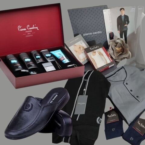 Pierre Cardin Damat Seti Röpteşembırlı Triko Pijama Takımı - Damat Terlik -Cüzdan Kemer Seti