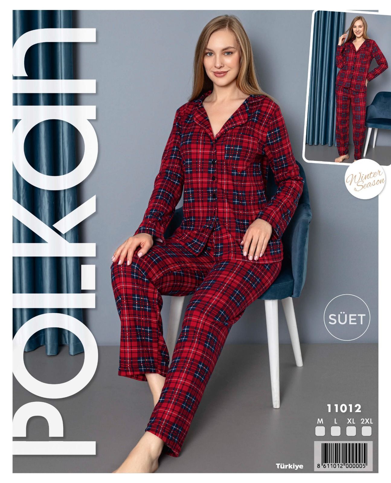 Polkan 11012 Bayan Uzun Kollu Süet Pijama Takım 4'lü